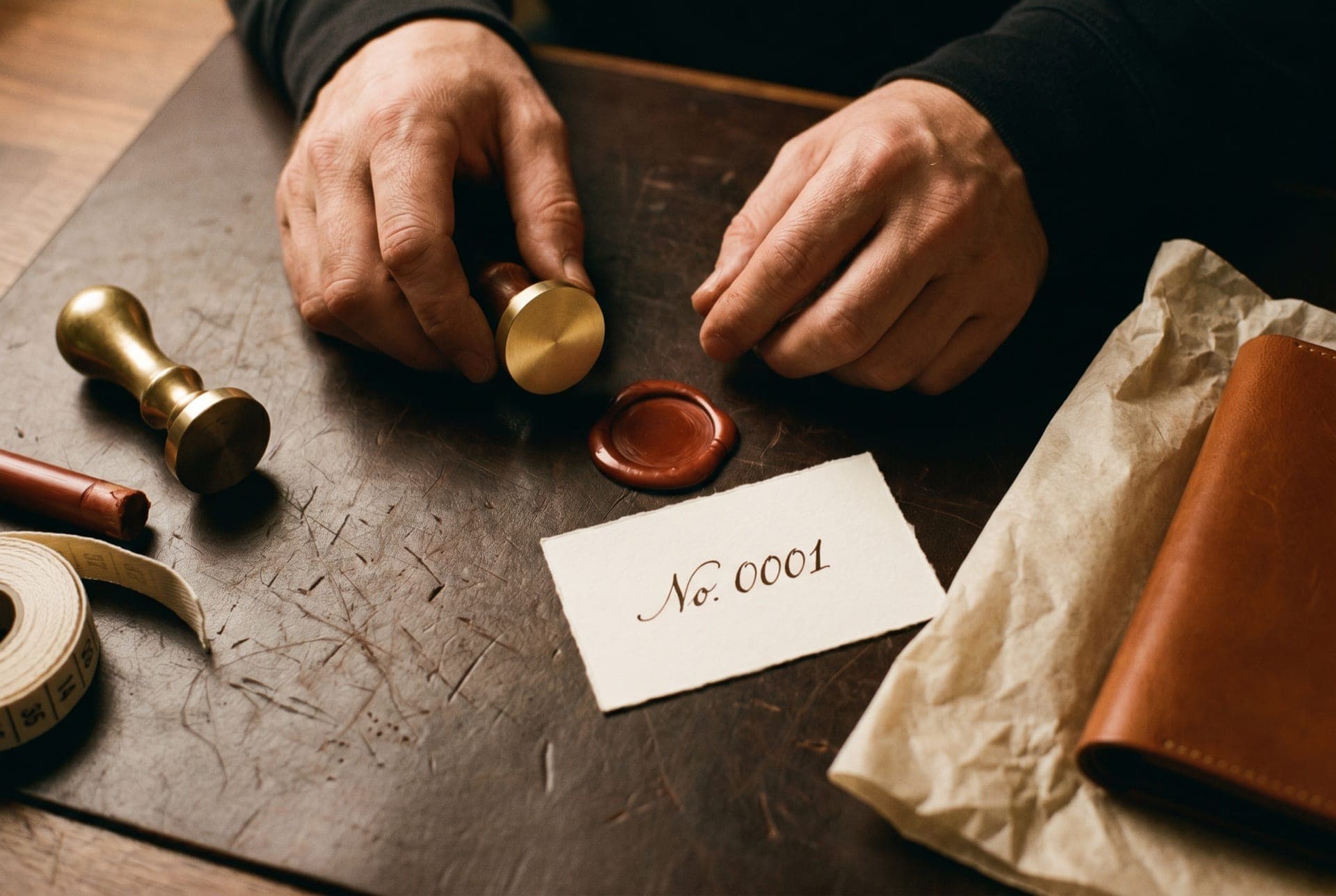A hand pressing a wax seal beside a hand-numbered card